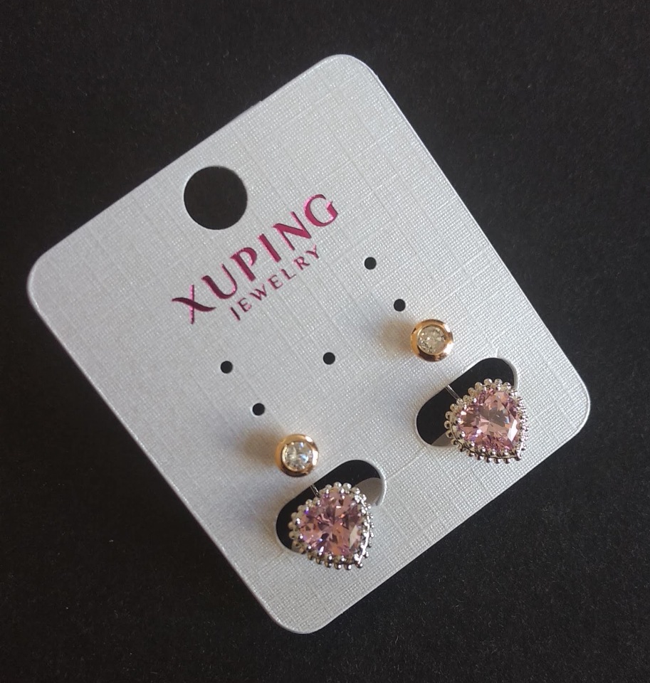 Xuping Earrings: Hearts with Pink Crystals, 20x10mm, 18K Gold Plating, Rhodium