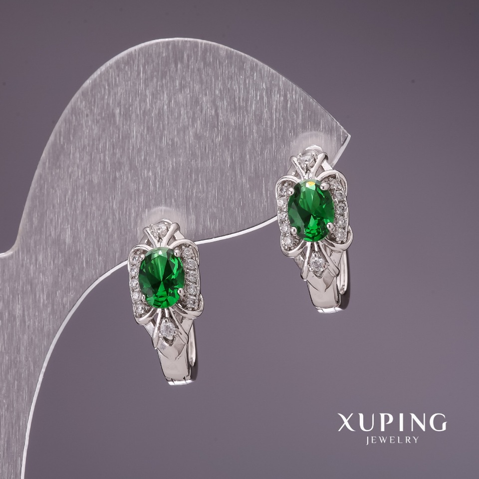 Xuping Earrings with Green Stones 28x8mm Rhodium-Plated