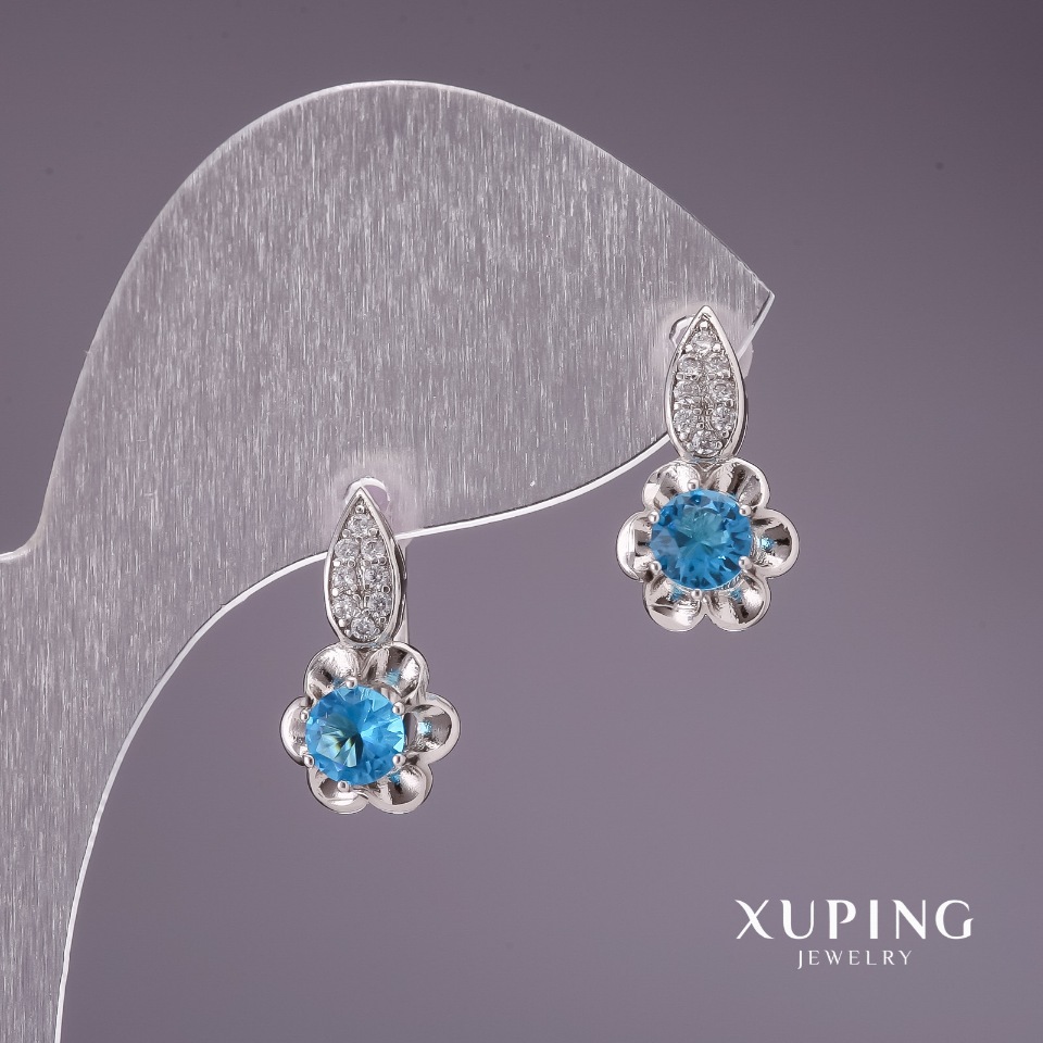 Xuping Earrings with Blue Stones, 17x10 mm, Rhodium