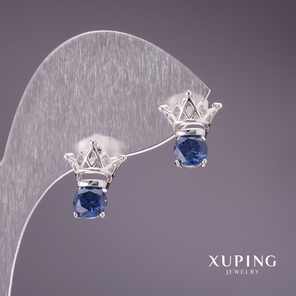 Xuping Earrings with Blue Stones 12x13mm Rhodium-Plated
