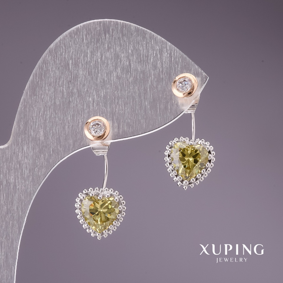 Xuping Stud Earrings 'Hearts' with White and Light-Green Stones 10x20mm Rhodium, 18k Gold Plating