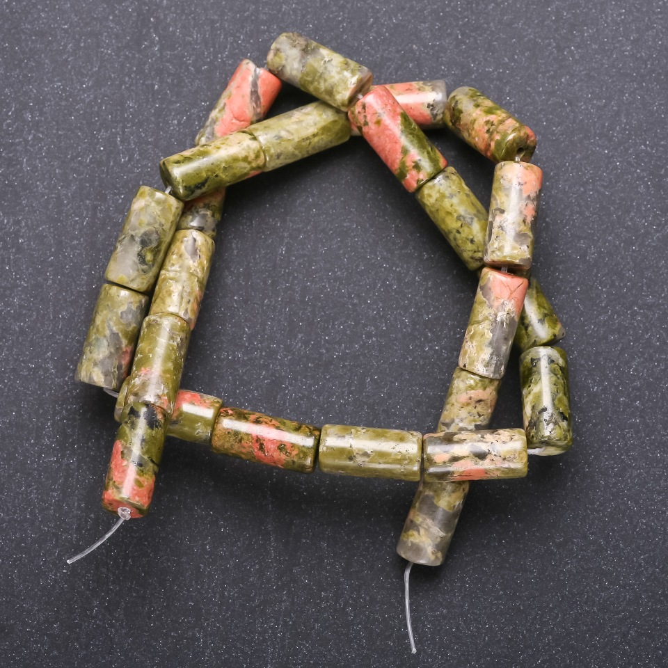 Unakite natural stone beads (Heliotrope) on thread, cylindrical, 8x17 mm diameter, 40 cm long