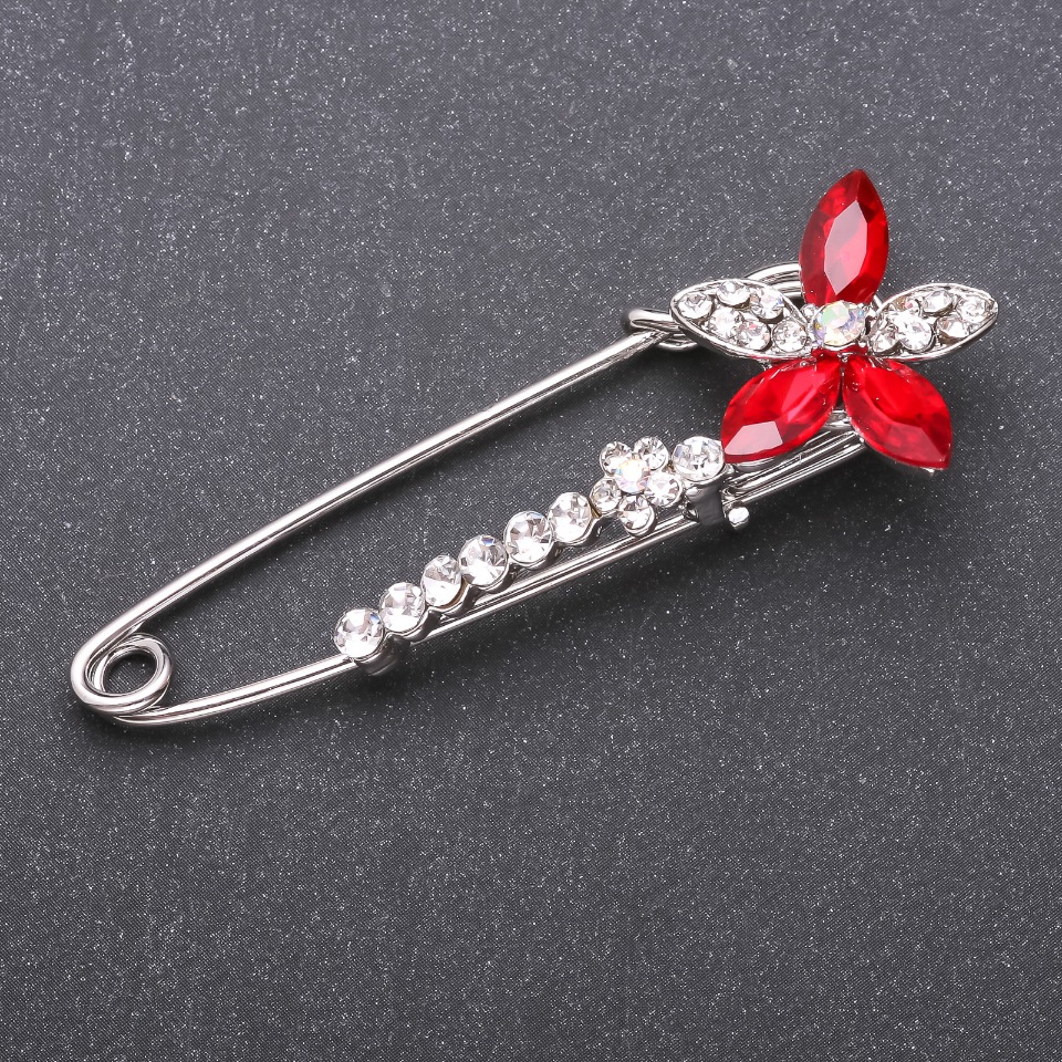 Brooch pin with red glass crystals, 68×23 mm, white metal