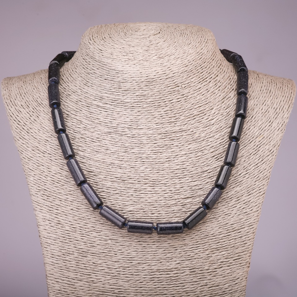 Aventurine Stone Necklace 'Blue Sand Night of Cairo' Cylindrical Beads, 8×17 mm, 45 cm length