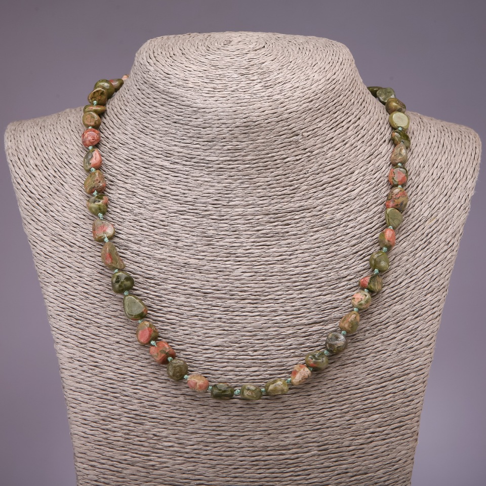 Heliotrope Unakite Bead Necklace, 8 mm diameter (±), 45 cm length, tumbled