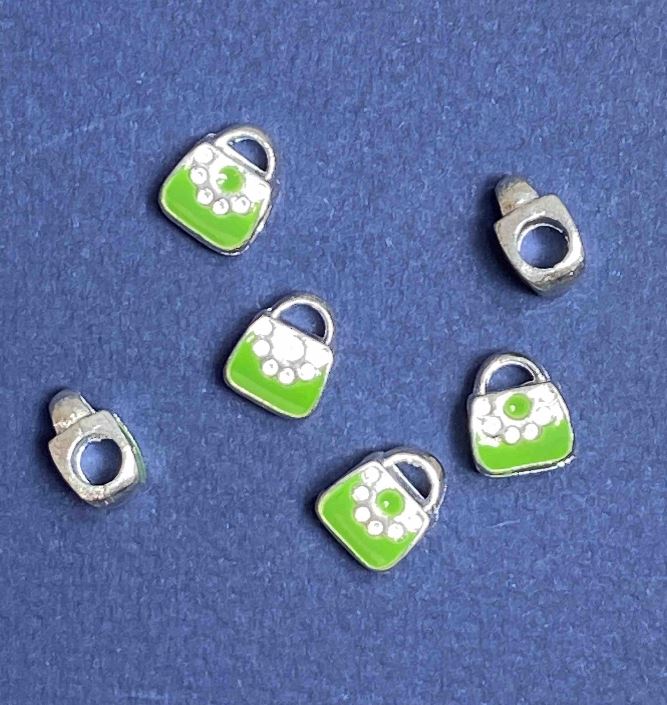 Pandora Charm Bead - Green Purse, 10mm, Light Gray Metal