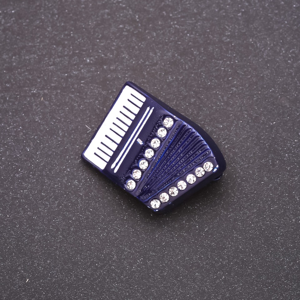 Harmonica Brooch blue enamel with white crystals, 29x20 mm white metal
