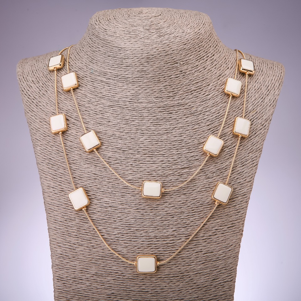 Cascade Necklace with Two Rows of Square Beads, 80 cm, Yellow Metal
