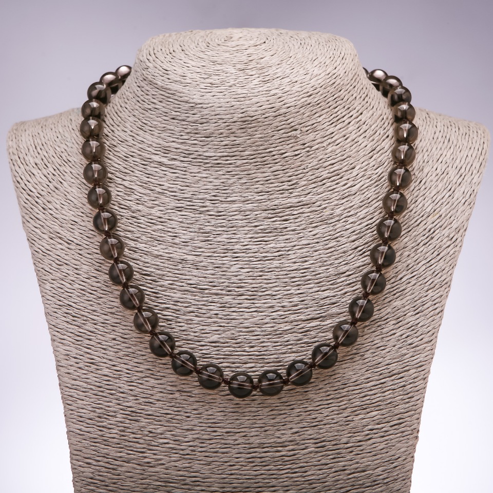 Necklace of natural smoky quartz — smooth bead, 10 mm diameter, 48 cm length