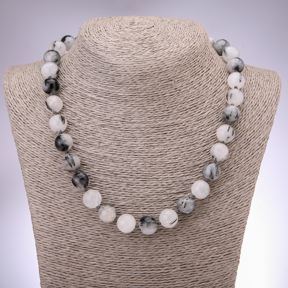 Rutile quartz necklace of natural stone quartz 'Hairy' rutile, smooth beads, 12 mm diameter, 48 cm length