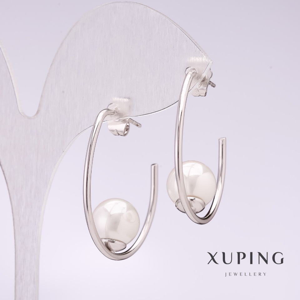 Xuping Clip Earrings with White Majorca Pearl 33x10mm Rhodium-plated