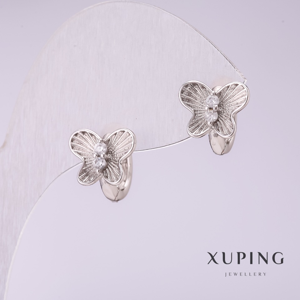 Earrings Xuping 'Butterflies' with white crystals 10x10 mm rhodium