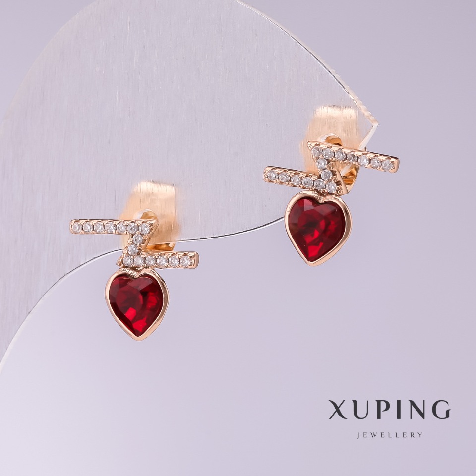 Xuping Heart-Shaped Stud Earrings with Red Stones, 12x11 mm, Gold-Plated