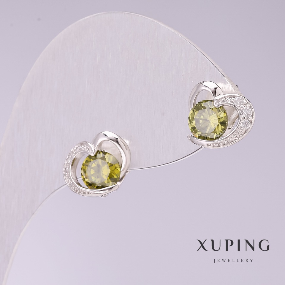 Xuping Earrings 'Hearts with Green Stones' 9x11mm Rhodium