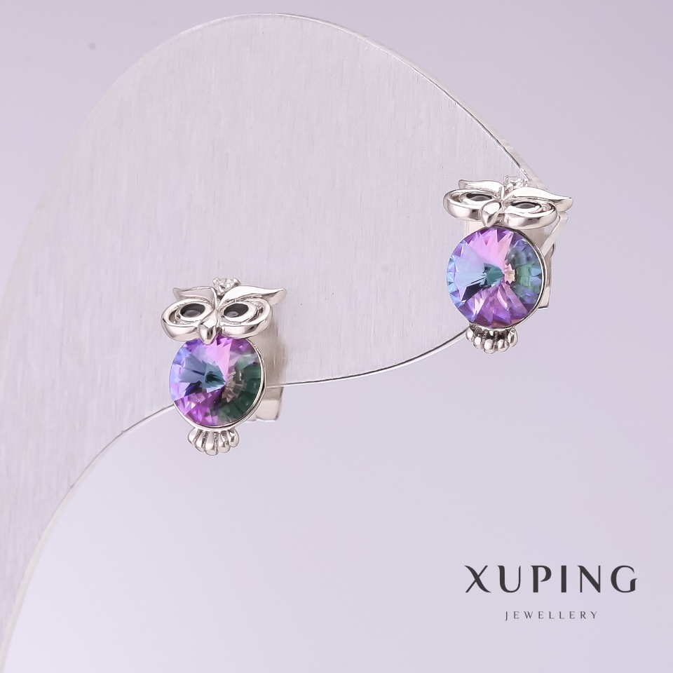 Xuping «Owl» Earrings with Pink Stones 11x7mm Rhodium-plated