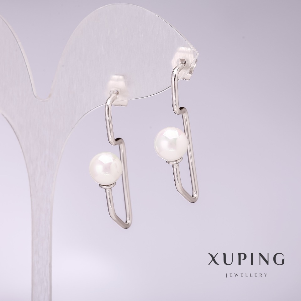 Xuping earrings with white Mallorca pearls 34x8 mm rhodium