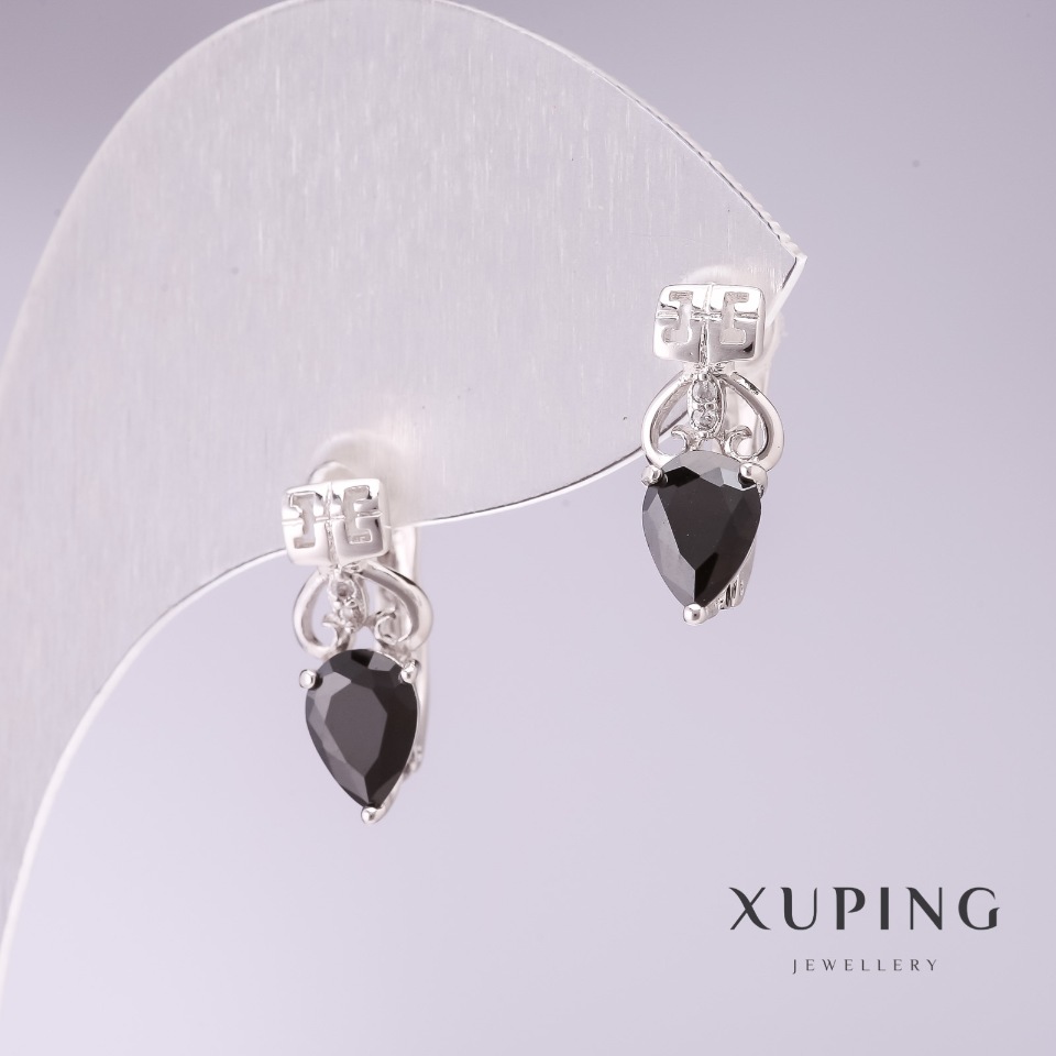 Xuping Earrings with Black Stones 15x5mm Rhodium