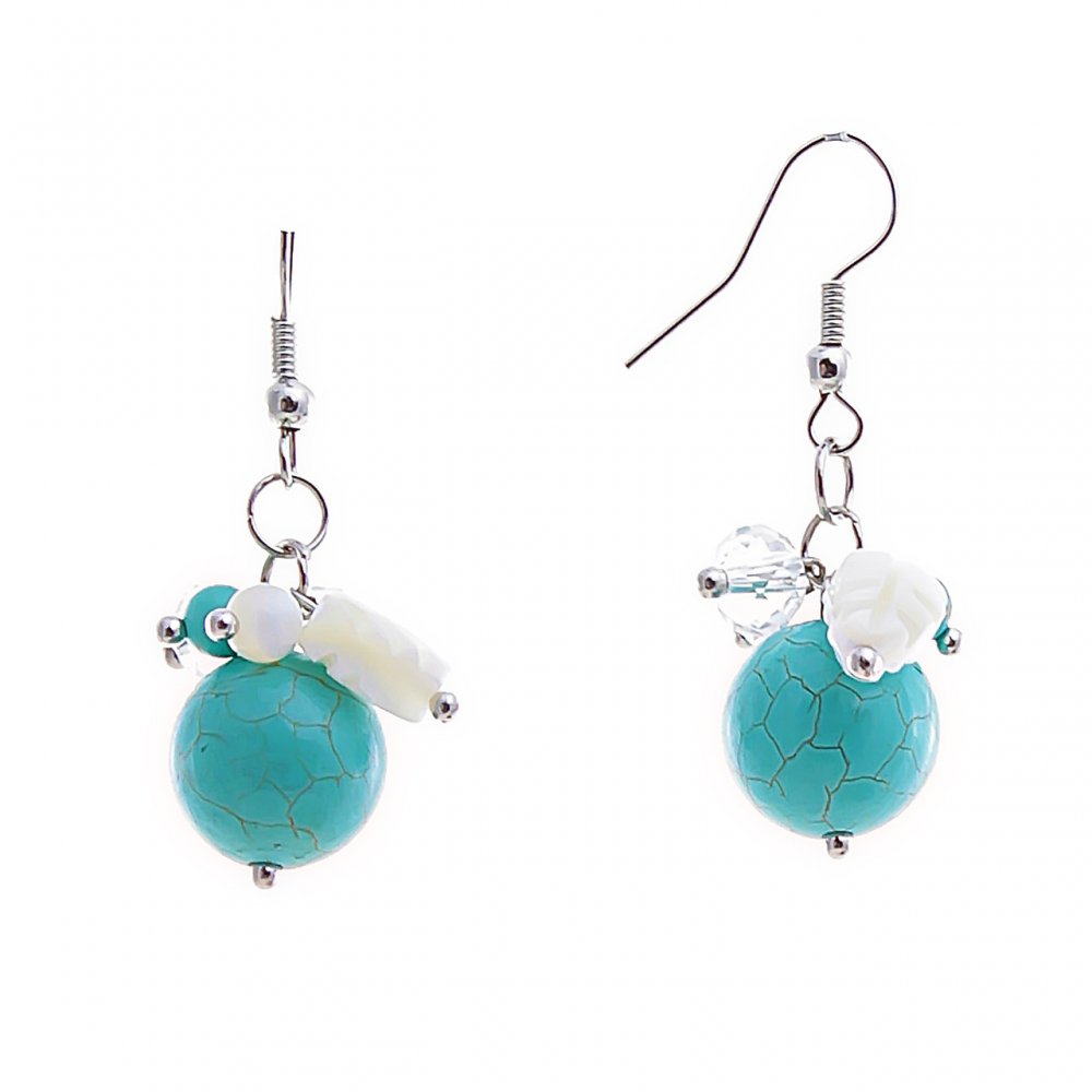 Drop earrings with colorful small beads and a large turquoise cabochon (pressed), silver-plated metal, 40mm