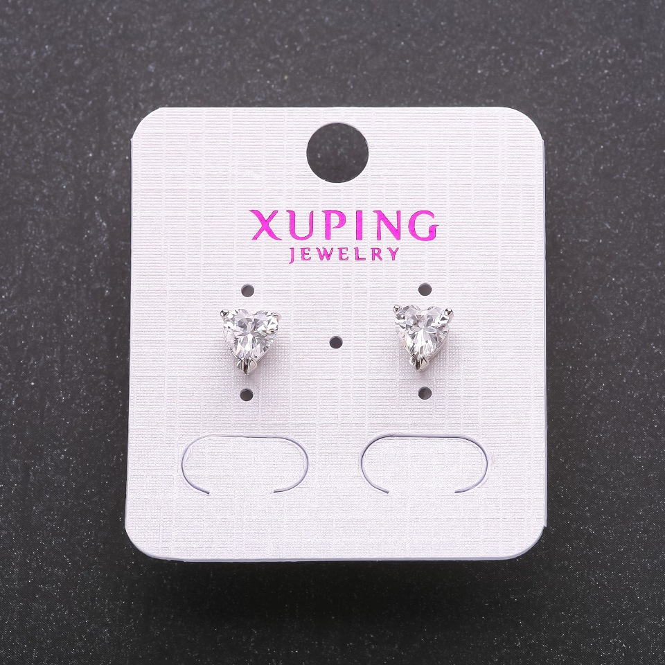 Xuping heart-shaped rhodium-plated stud earrings with white stones, 6×7 mm