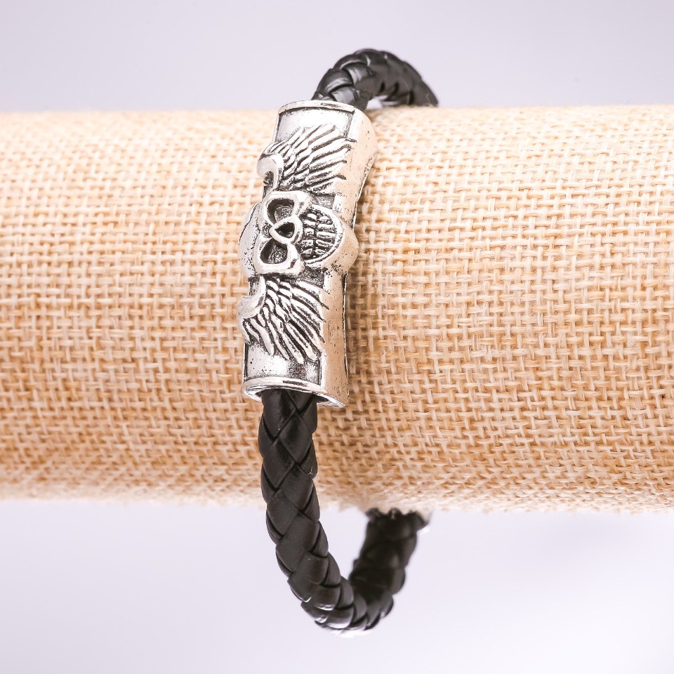 Skull Eco-Leather Braided Bracelet, Black, 20 cm