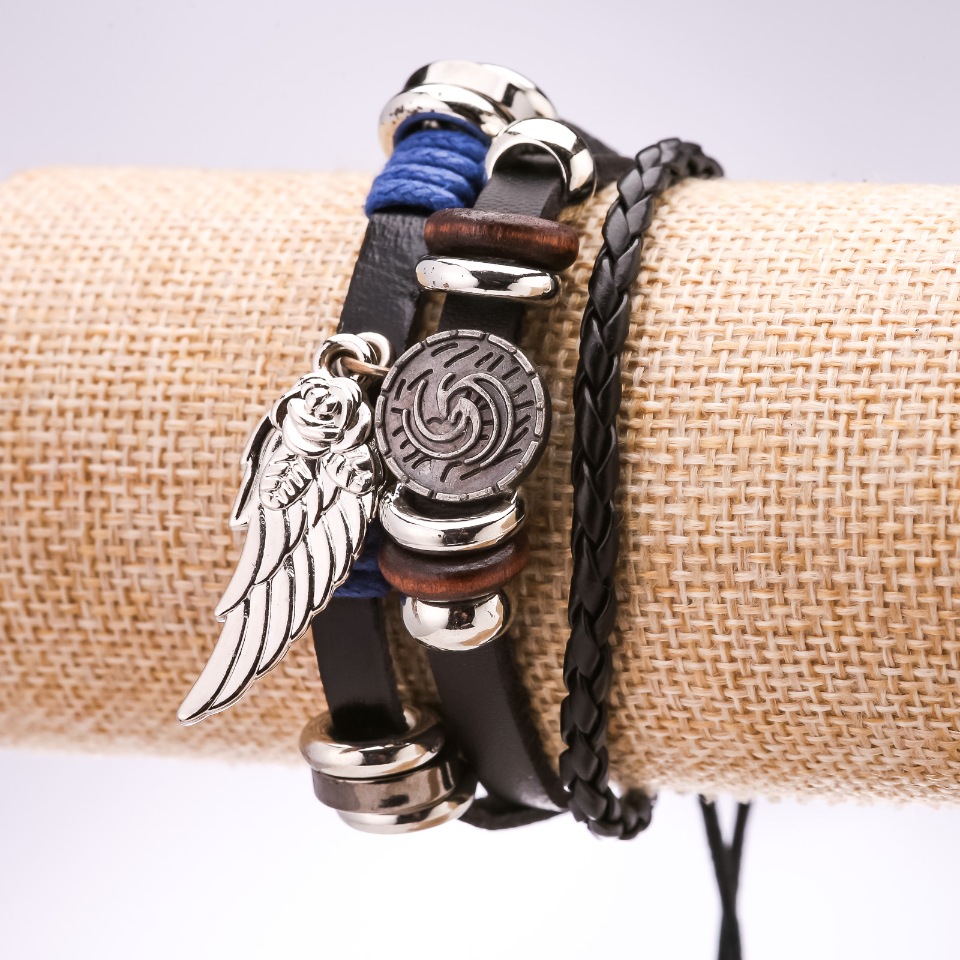 Eco-leather bracelet with a wing on an adjustable closure, length 18-24 cm, black