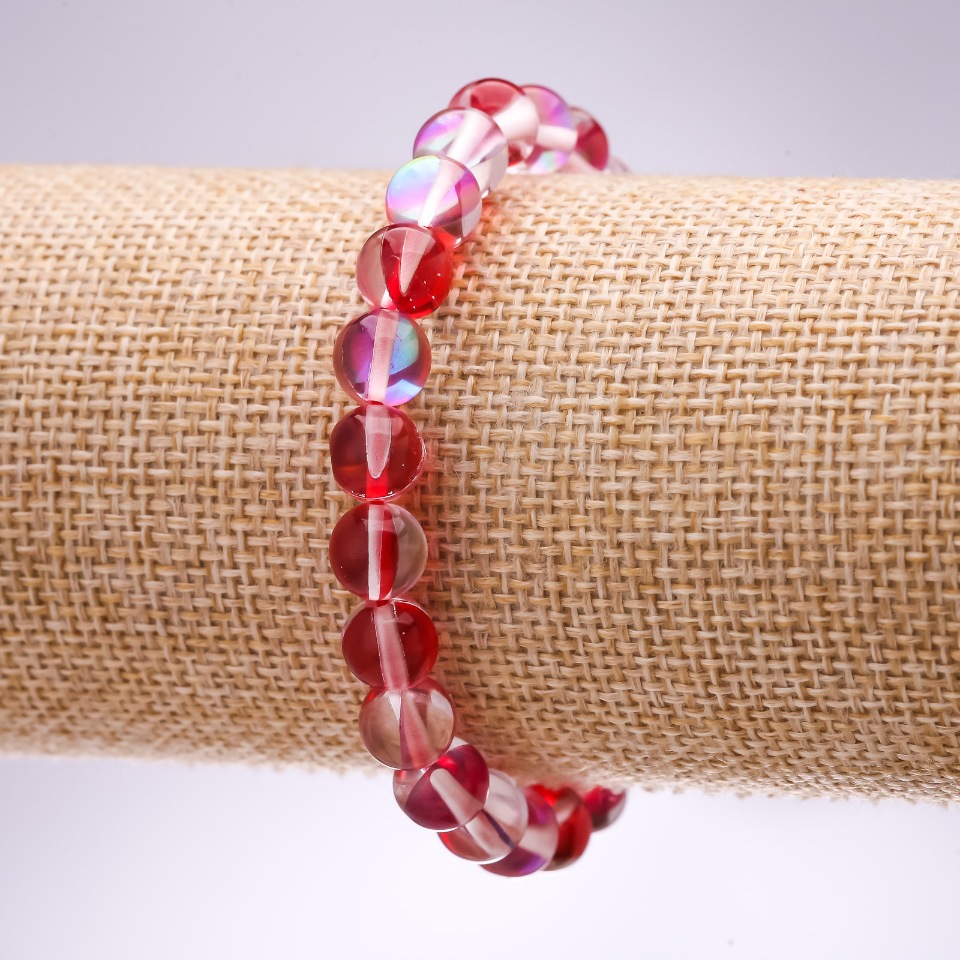 Red opal glass bracelet with smooth beads, 8 mm diameter, 18 cm length on elastic