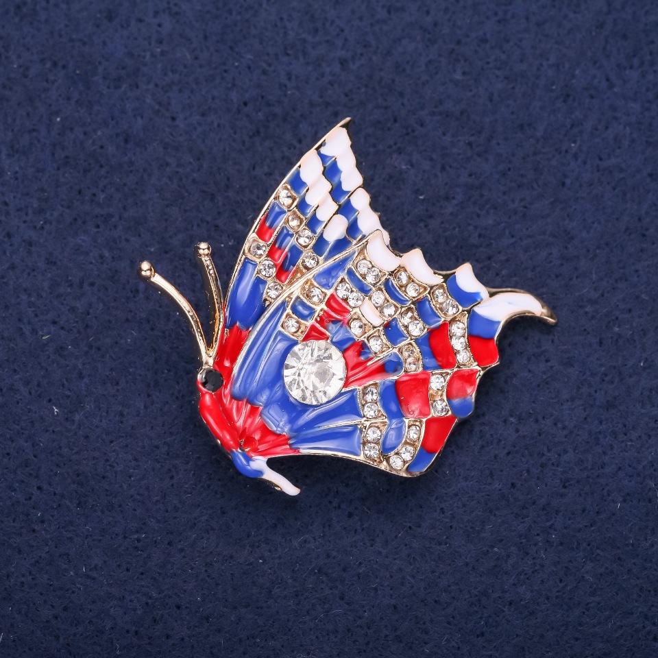 Butterfly Brooch with White Crystals, Blue and Red Enamel, 40x38mm, Yellow Metal