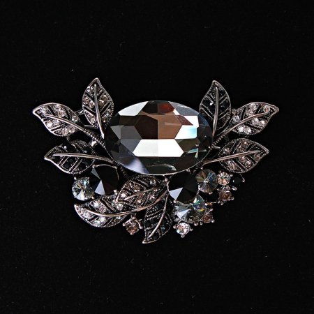 Large Accent Brooch in Botanical Design with Rhinestones and Stone, Black, White, Gray, 67×45 mm, Silver-Tone Metal