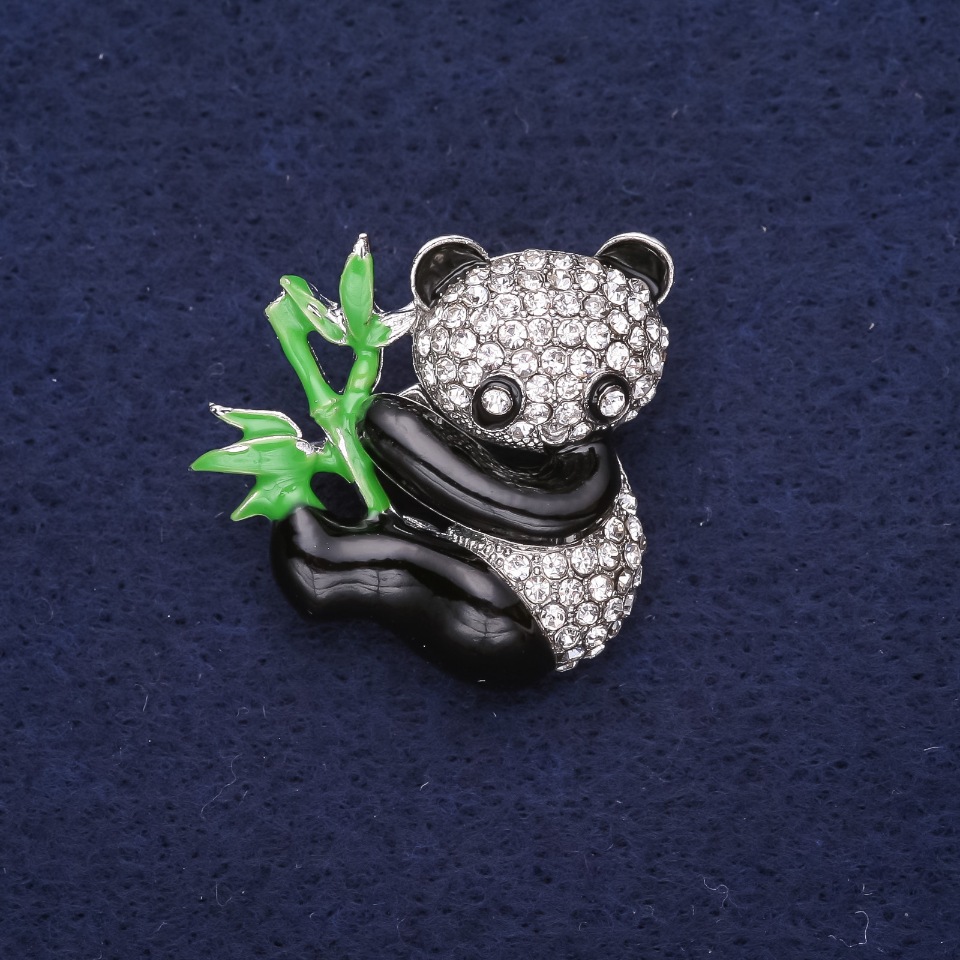 Panda Brooch with Crystals and Enamel, White, Black, and Green, 28×28 mm, Silver-Tone Metal