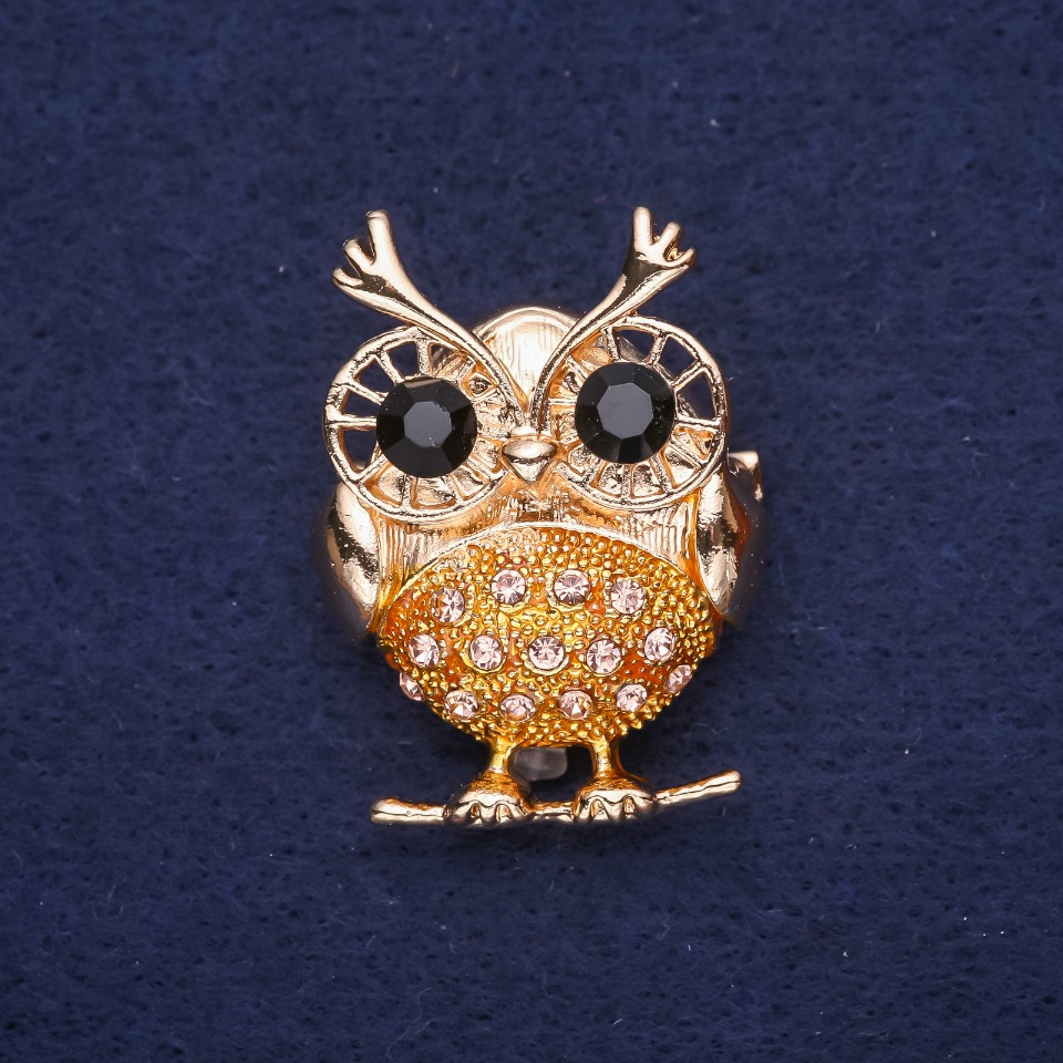 Owl brooch with rhinestones, pink and black