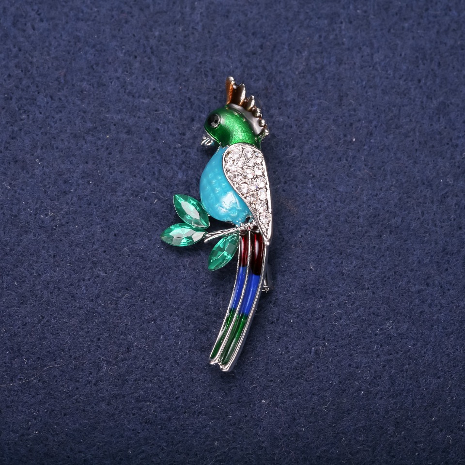Parrot Brooch with Enamel and Crystals, blue, turquoise, green, and white colors, 50×20 mm, silver-tone metal