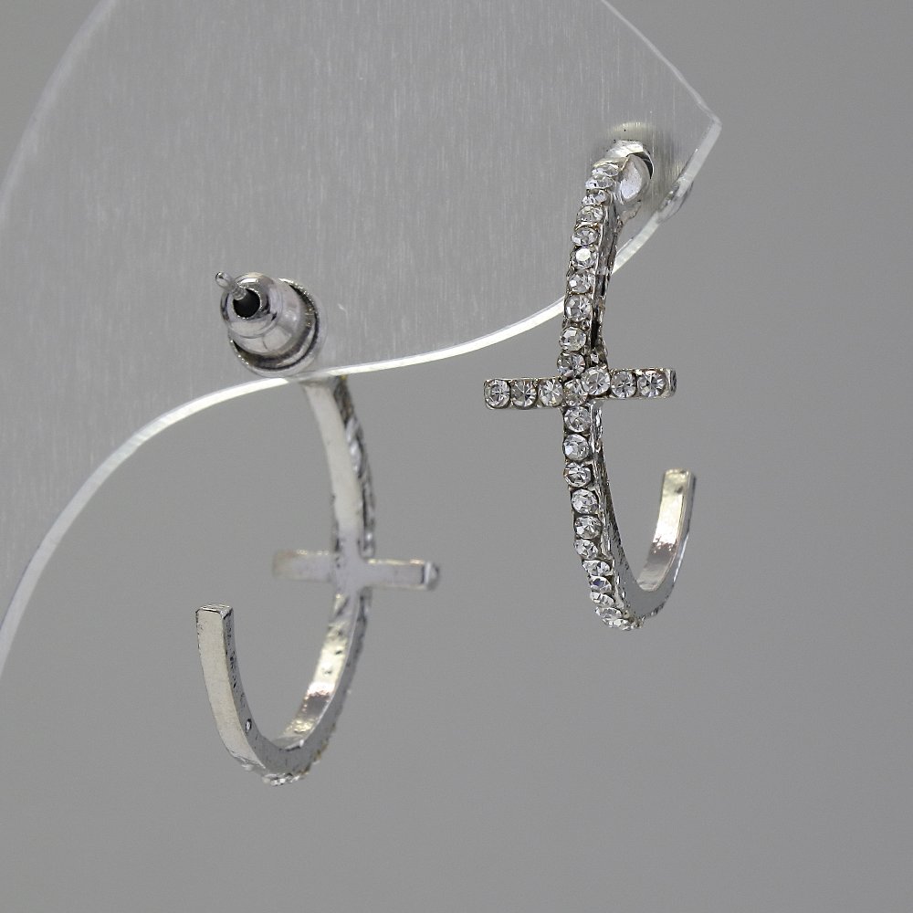 Hoop-style stud earrings with a cross-shaped design, encrusted with crystals / silver-plated metal / 35 × 12 mm