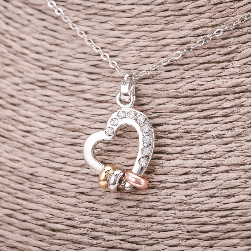 Heart Pendant on Chain with White Crystals, Silver-Colored Metal, Diameter 16×23 mm, Length 45–50 cm