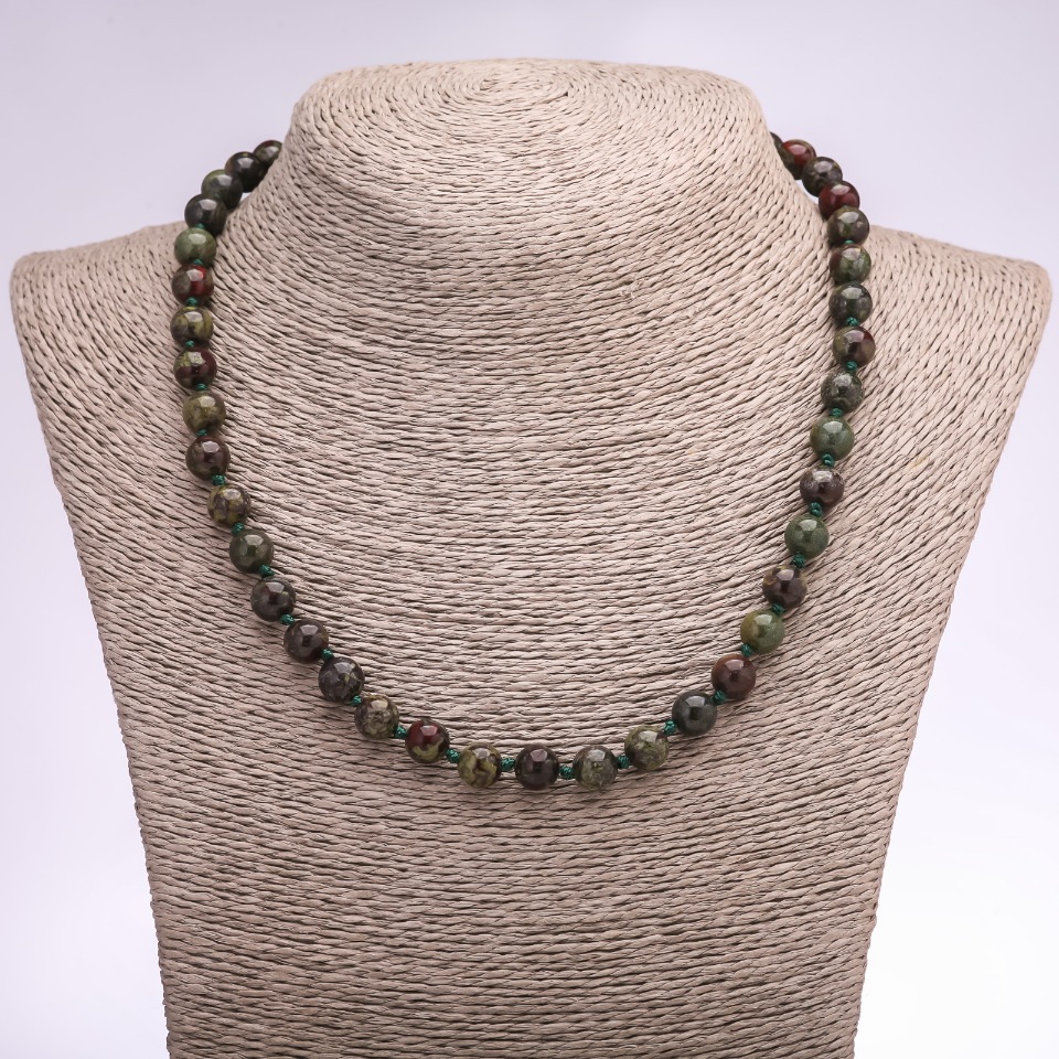 Dragon Blood Jasper Necklace with Natural Stone, Smooth Beads, 8 mm Diameter, Length 44-47 cm +