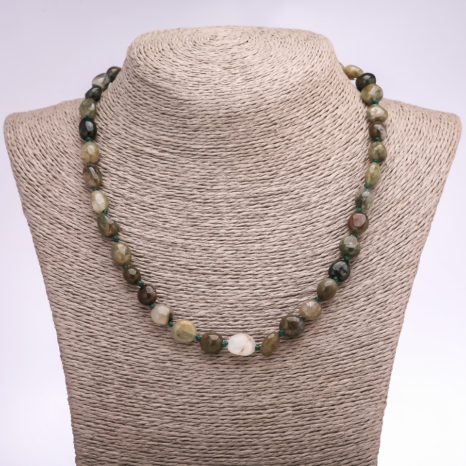 Moss Agate Natural Stone Necklace with Faceted Beads, diameter 9–10 mm, length 45 cm +