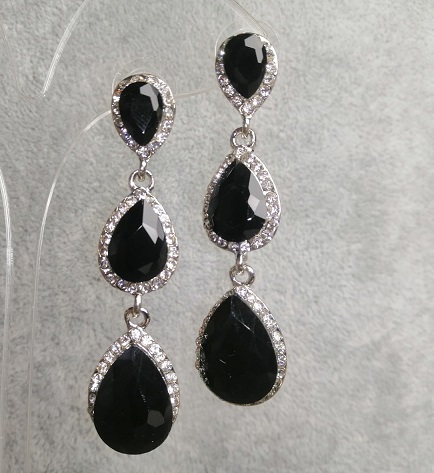 Earrings with Black Crystals, 6 cm long, Gray Metal