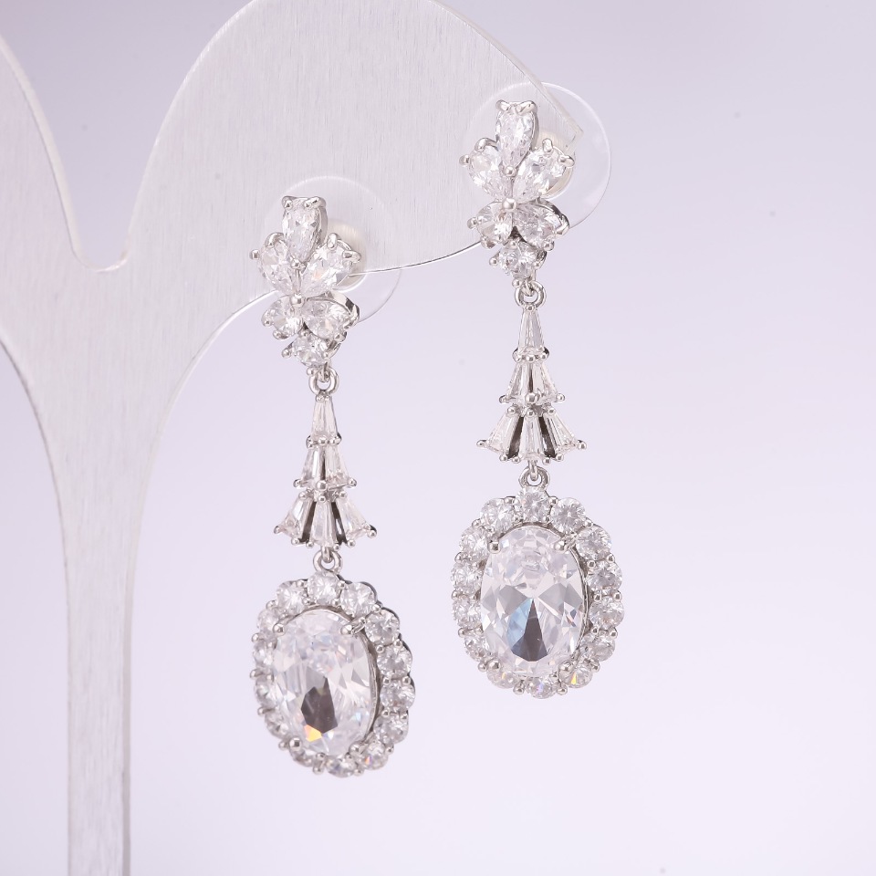 Earrings, 925 Series, with White Stones, 48x14 mm, Silver-Toned Metal