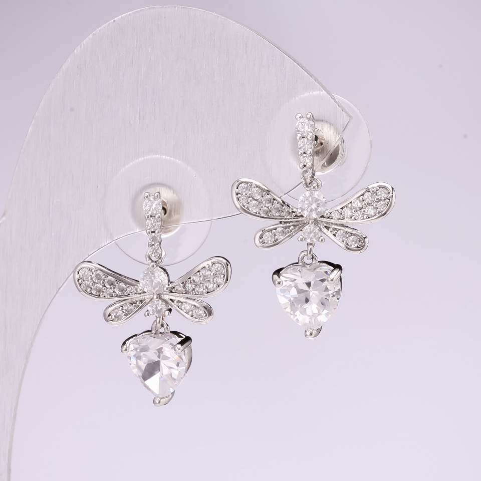 Butterfly Stud Earrings, 925 Series, Clear Rhinestones, White, 23x17 mm, Silver Metal