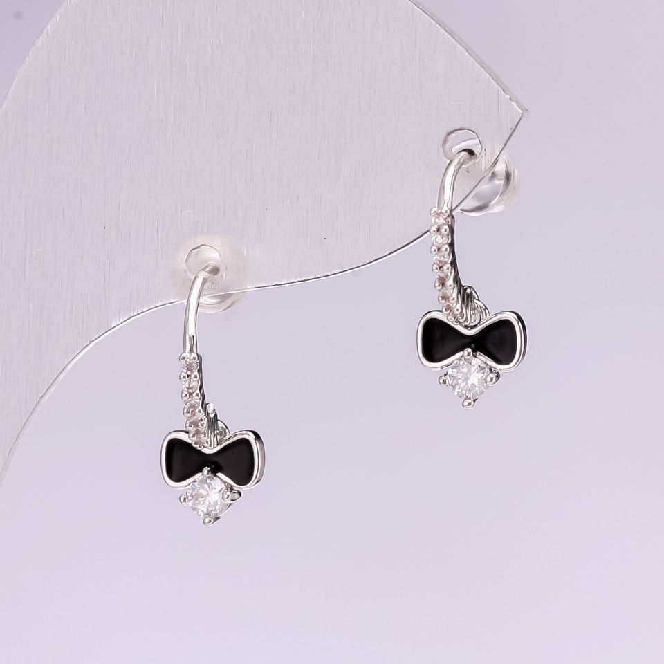 Earrings 'Bow' - 925 Sterling Silver Series, Crystals, Enamel, Color White & Black, 15×7 mm, Silver-tone Metal
