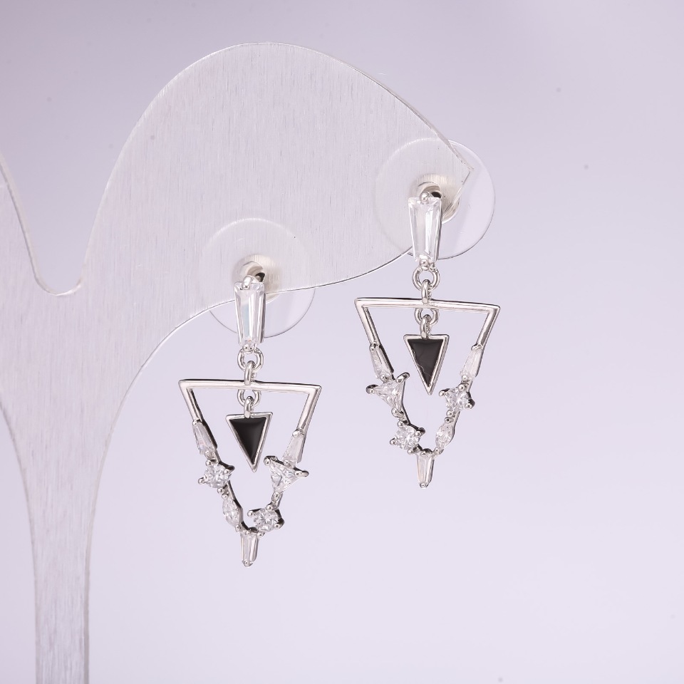 Stud Earrings Triangles, 925 sterling silver, crystals, white color, 14×28 mm, silver-tone metal