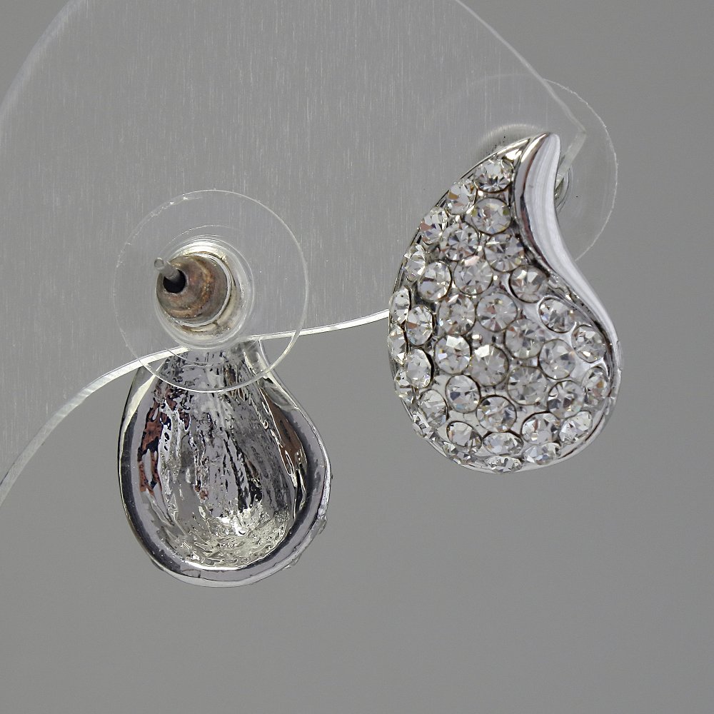 White Rhinestone Stud Earrings, 12x18 mm, Silver-Toned Metal