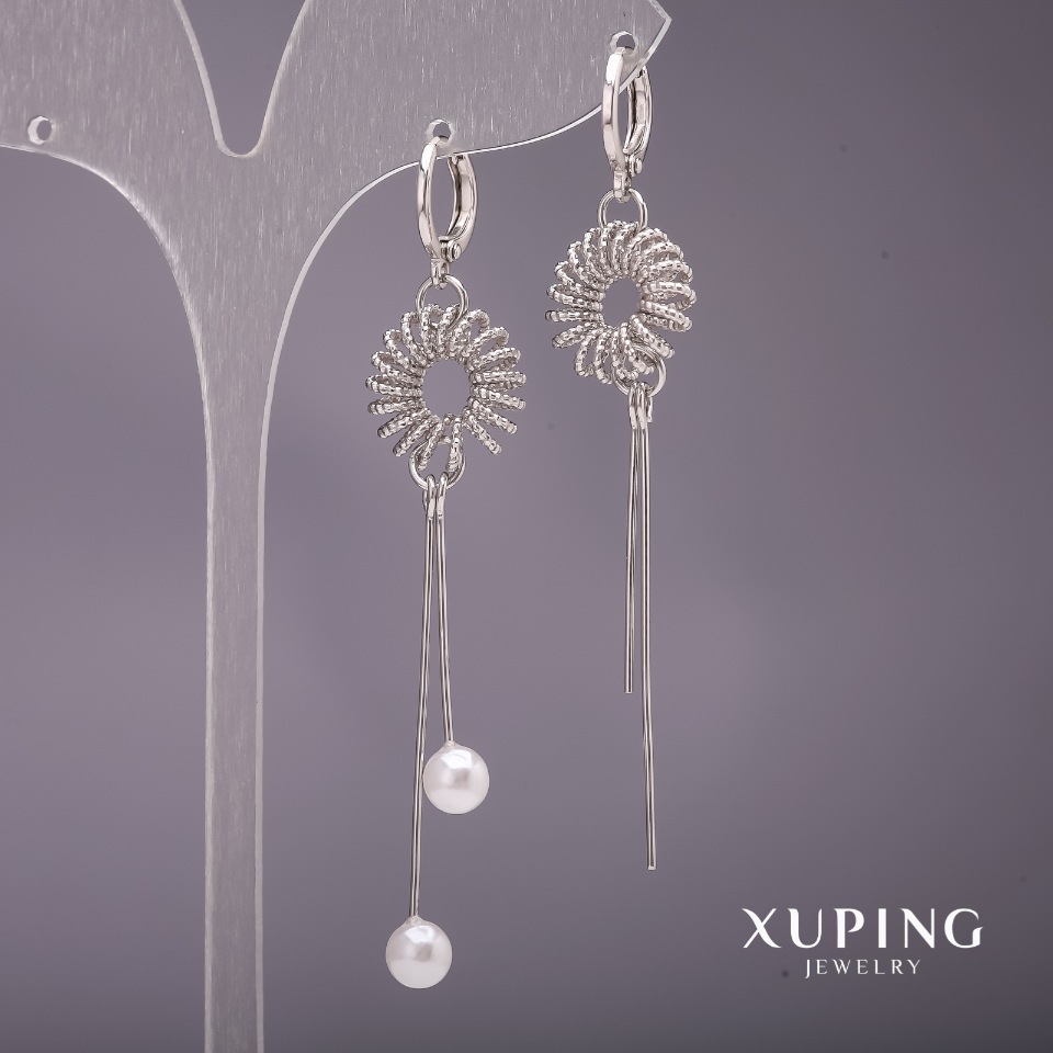 Xuping Long Asymmetric Earrings with Mallorca Pearls, White, 15x70 mm, Rhodium-plated