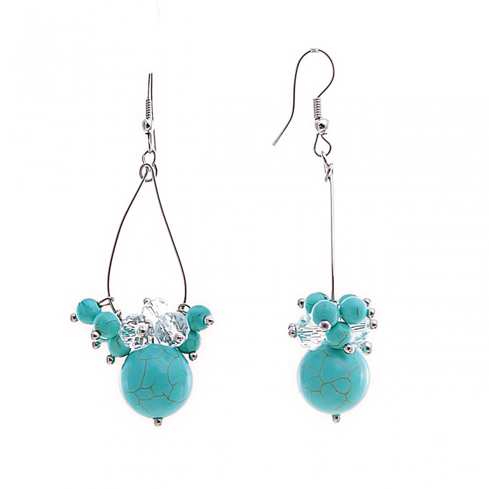 Drop earrings with large and small turquoise beads on teardrop pendants, 60 mm