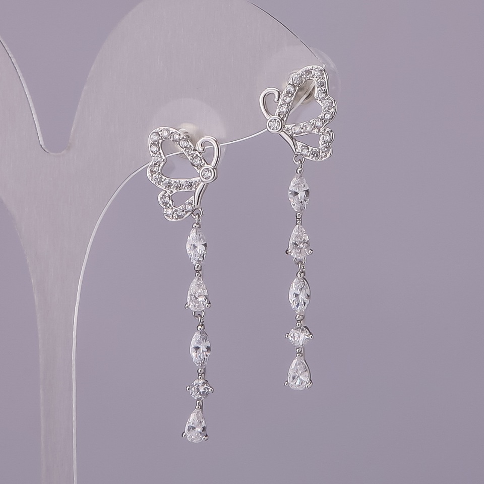 Butterfly Stud Earrings with White Crystals, Silver Metal 11x40mm