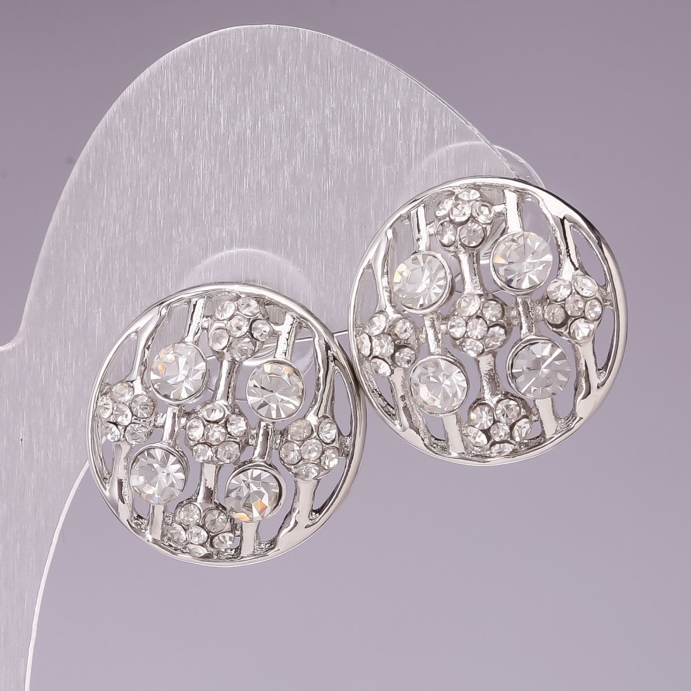 Silver-plated Circle with White Rhinestones Stud Earrings, 2 cm