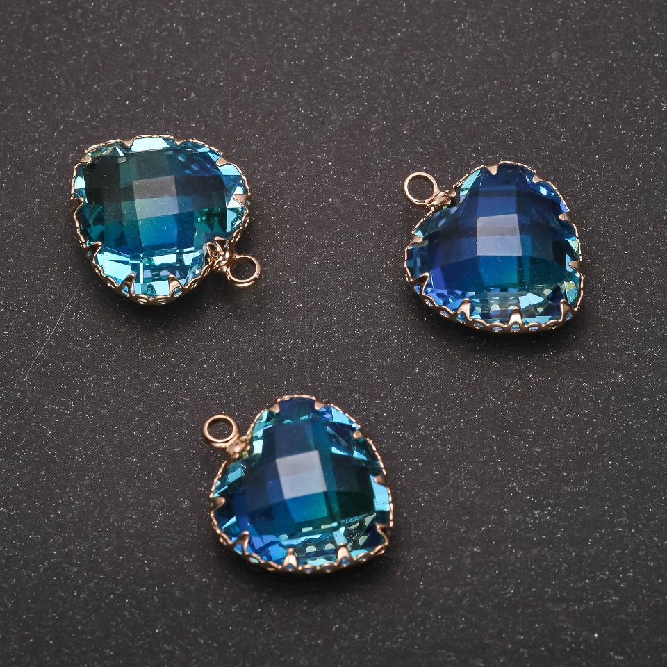 Heart Pendant in Blue-Yellow Color, Gold-Tone Bezel 16x20mm