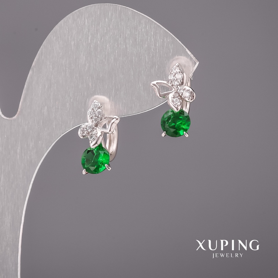 Xuping Butterfly Earrings with Green Stones, 9x15 mm, Rhodium