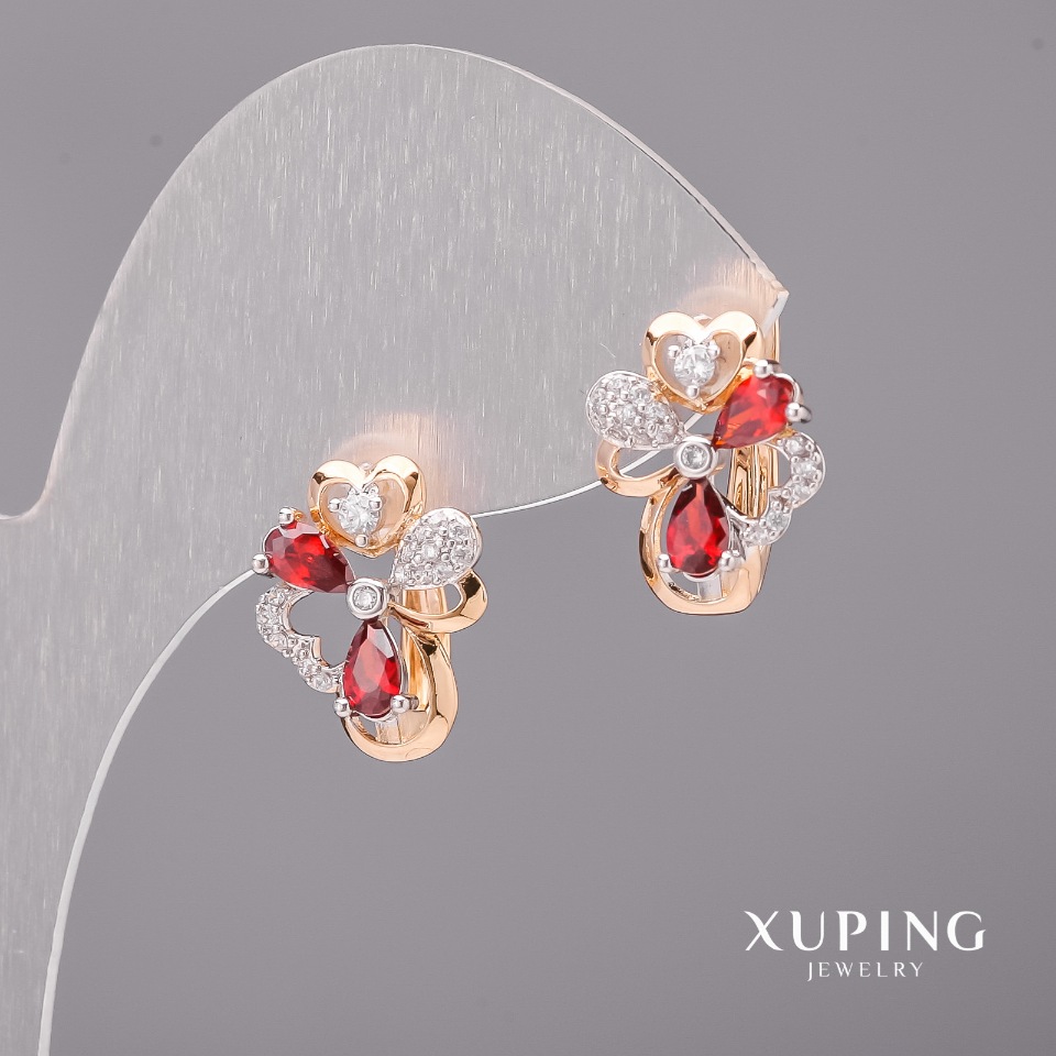 Xuping Earrings with Red Stones 12×15 mm, Rhodium, 18K Plating