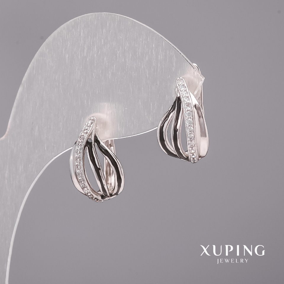 Xuping Earrings with White Stones and Black Enamel 10x16 mm Rhodium