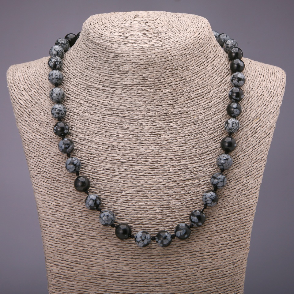 Necklace of natural Snowy Obsidian 'Apache Tears', smooth bead, diameter 10(±)mm, length 50 cm